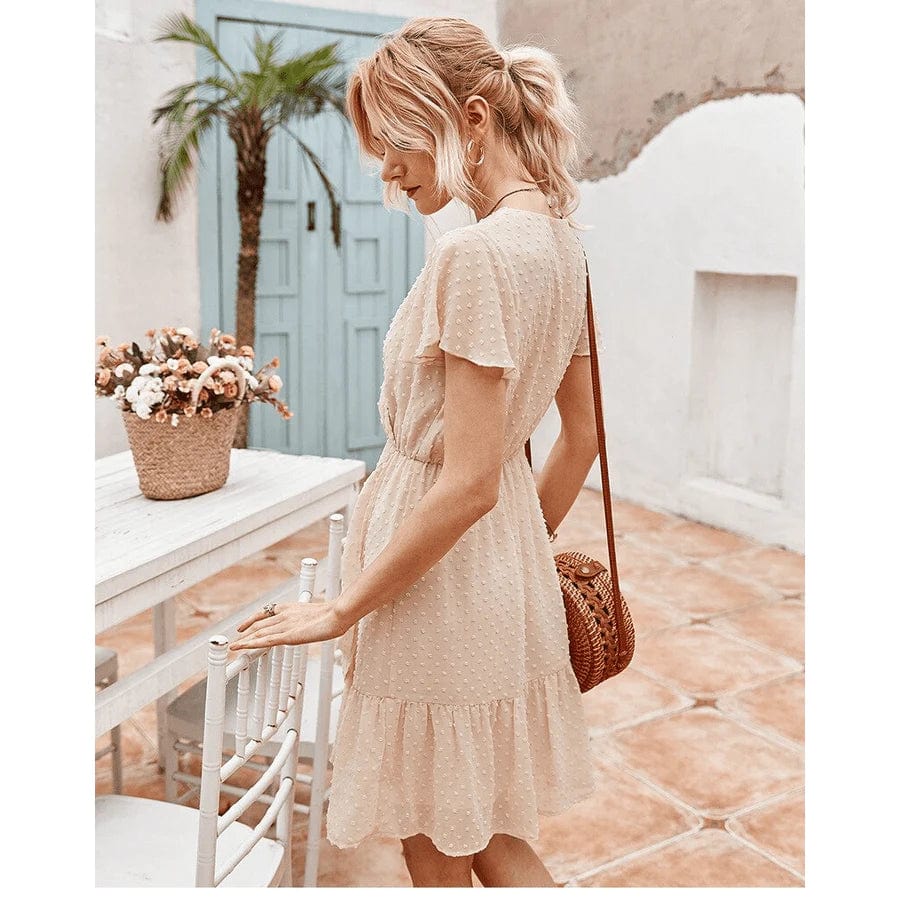 Éléonise Kurzes Damenkleid – Beiges Boho-Kleid mit V-Ausschnitt und Volantärmeln