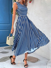 Lyséa Robe Midi Femme – Robe Sans Manches Rayée Bleu et Blanc avec Poches