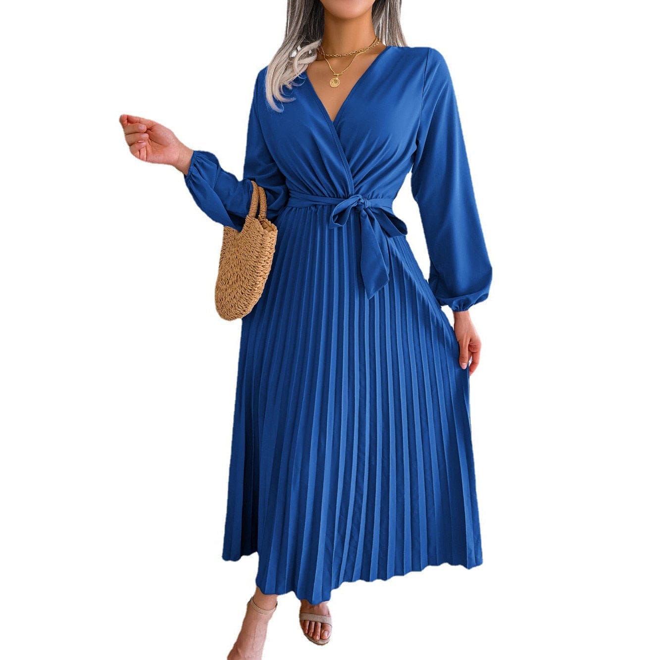 Élodiane Robe Maxi Femme – Robe Plissée à Col Cache-Cœur avec Ceinture à Nouer