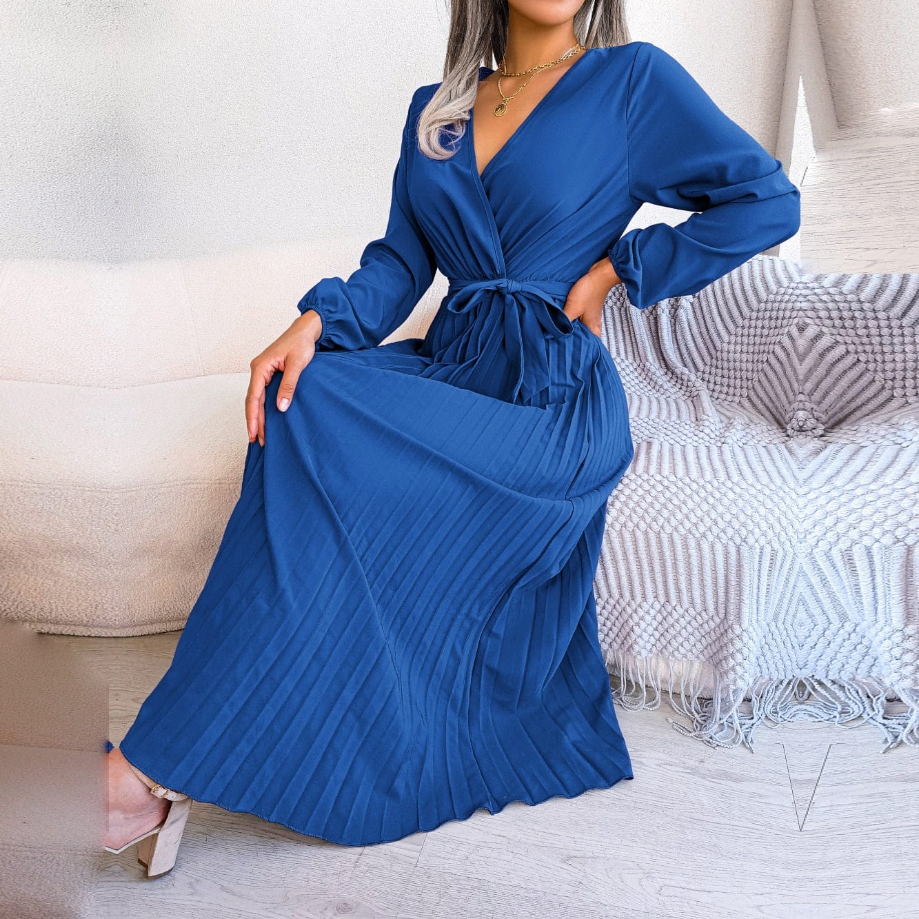 Élodiane Robe Maxi Femme – Robe Plissée à Col Cache-Cœur avec Ceinture à Nouer