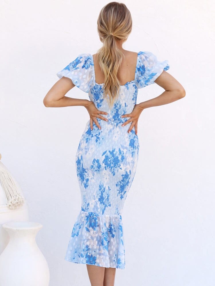 Nolwenn Robe Midi Femme – Robe Sirène Fleurie à Smocks avec Manches Bouffantes