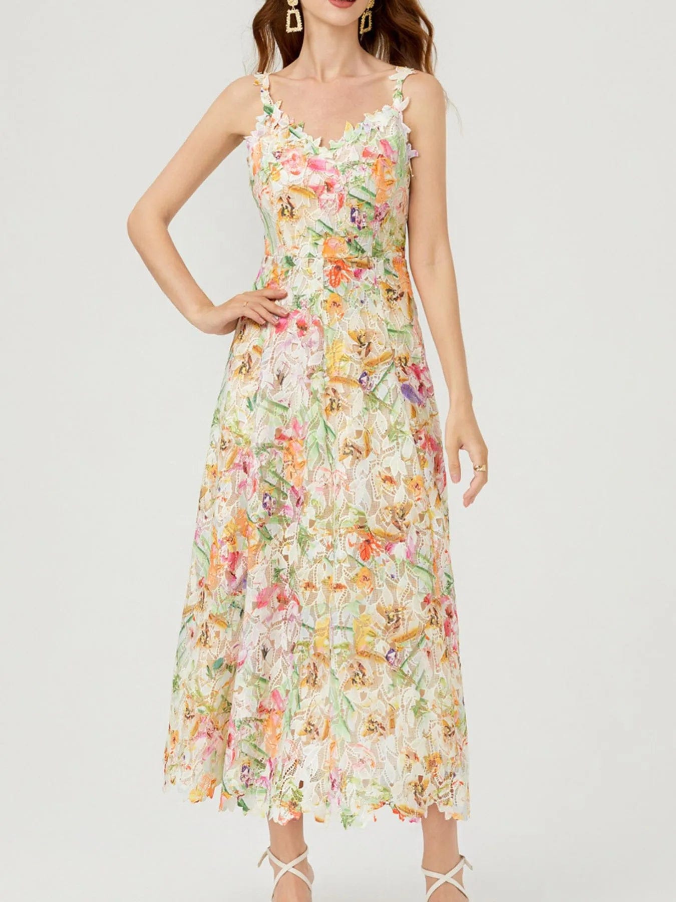 Ysoria Robe Midi Femme – Robe Fleurie en Dentelle à Col V Sans Manches Élégante