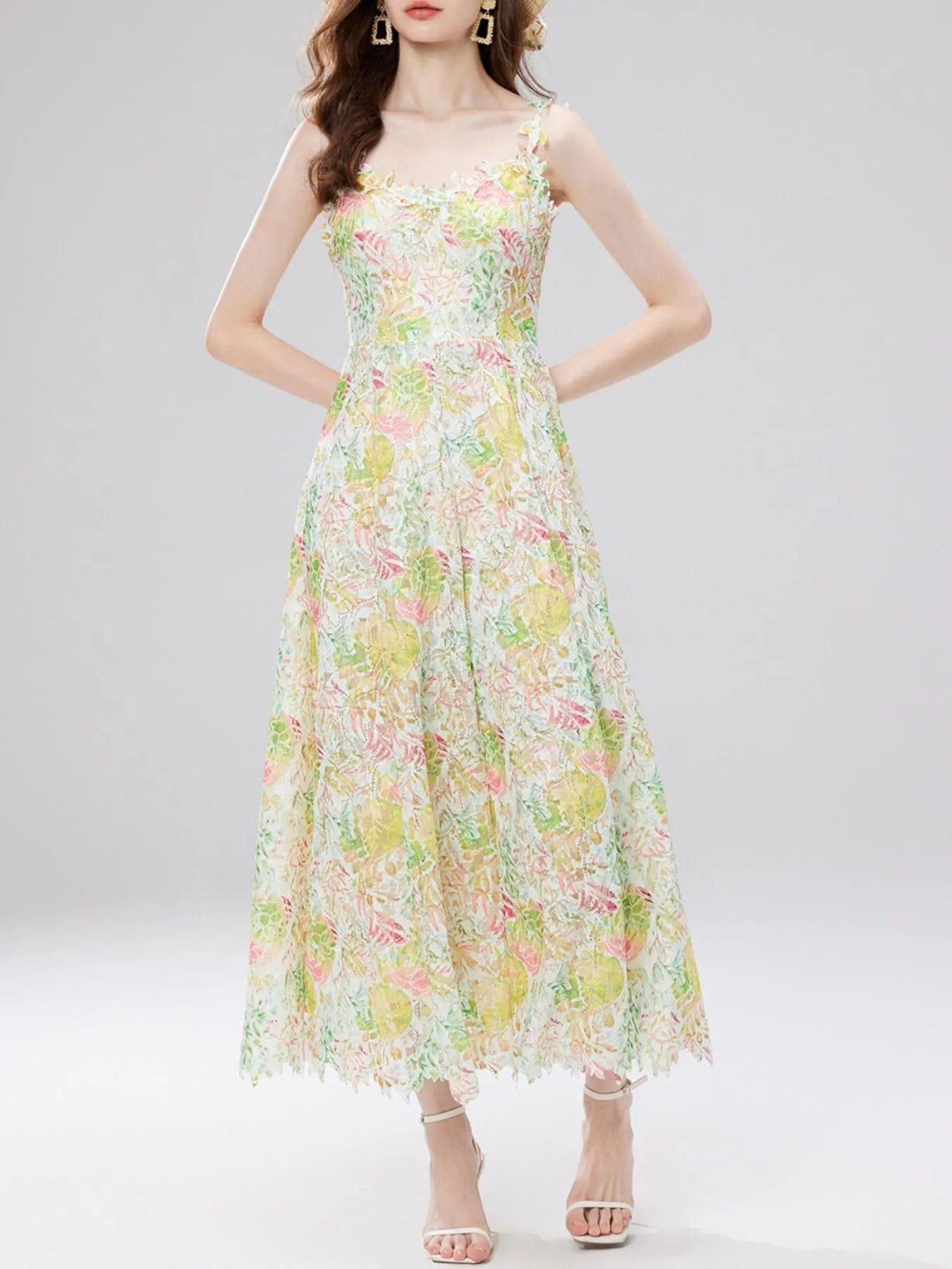 Ysoria Robe Midi Femme – Robe Fleurie en Dentelle à Col V Sans Manches Élégante