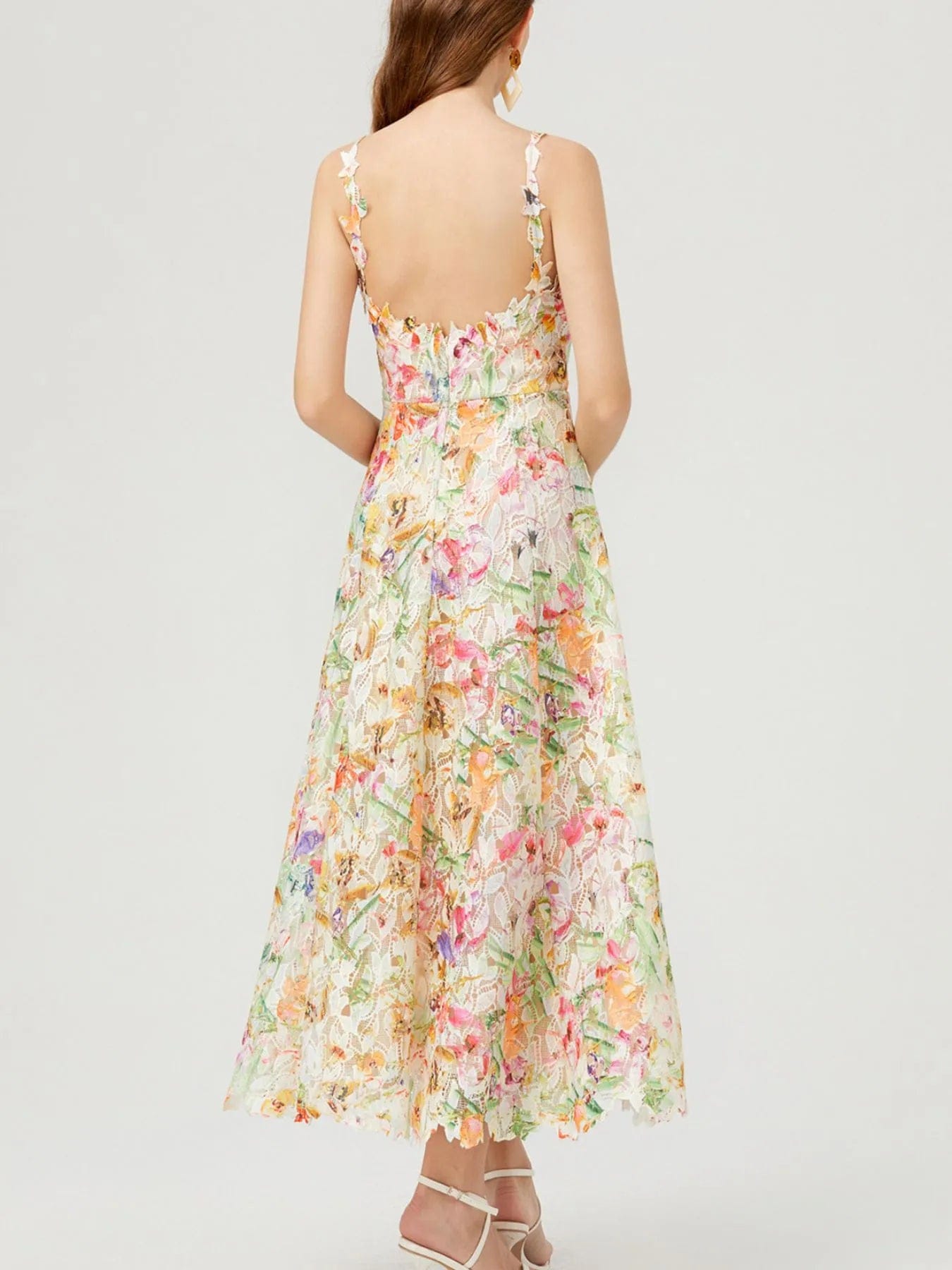Ysoria Robe Midi Femme – Robe Fleurie en Dentelle à Col V Sans Manches Élégante