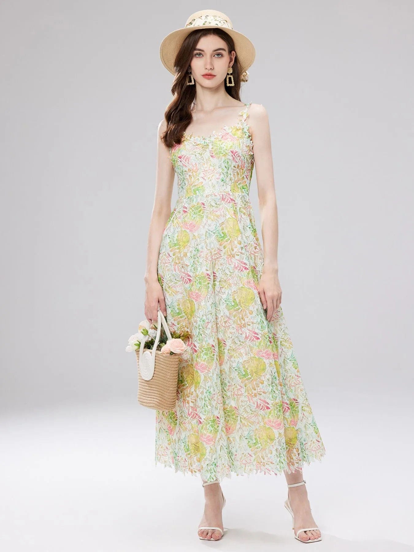 Ysoria Robe Midi Femme – Robe Fleurie en Dentelle à Col V Sans Manches Élégante