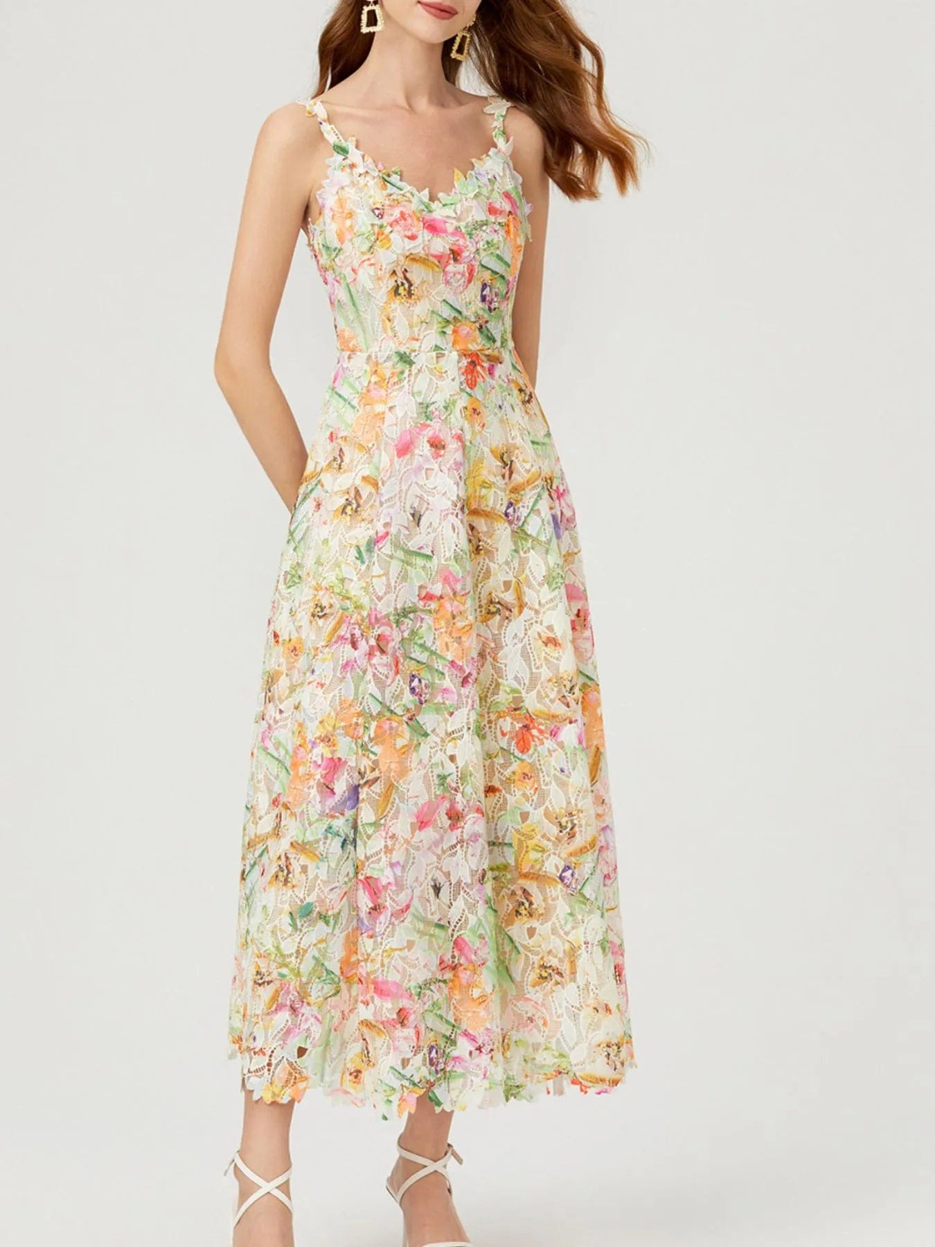 Ysoria Robe Midi Femme – Robe Fleurie en Dentelle à Col V Sans Manches Élégante