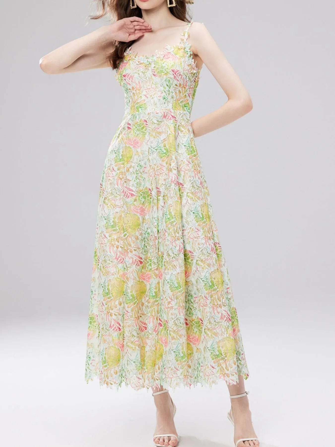 Ysoria Robe Midi Femme – Robe Fleurie en Dentelle à Col V Sans Manches Élégante