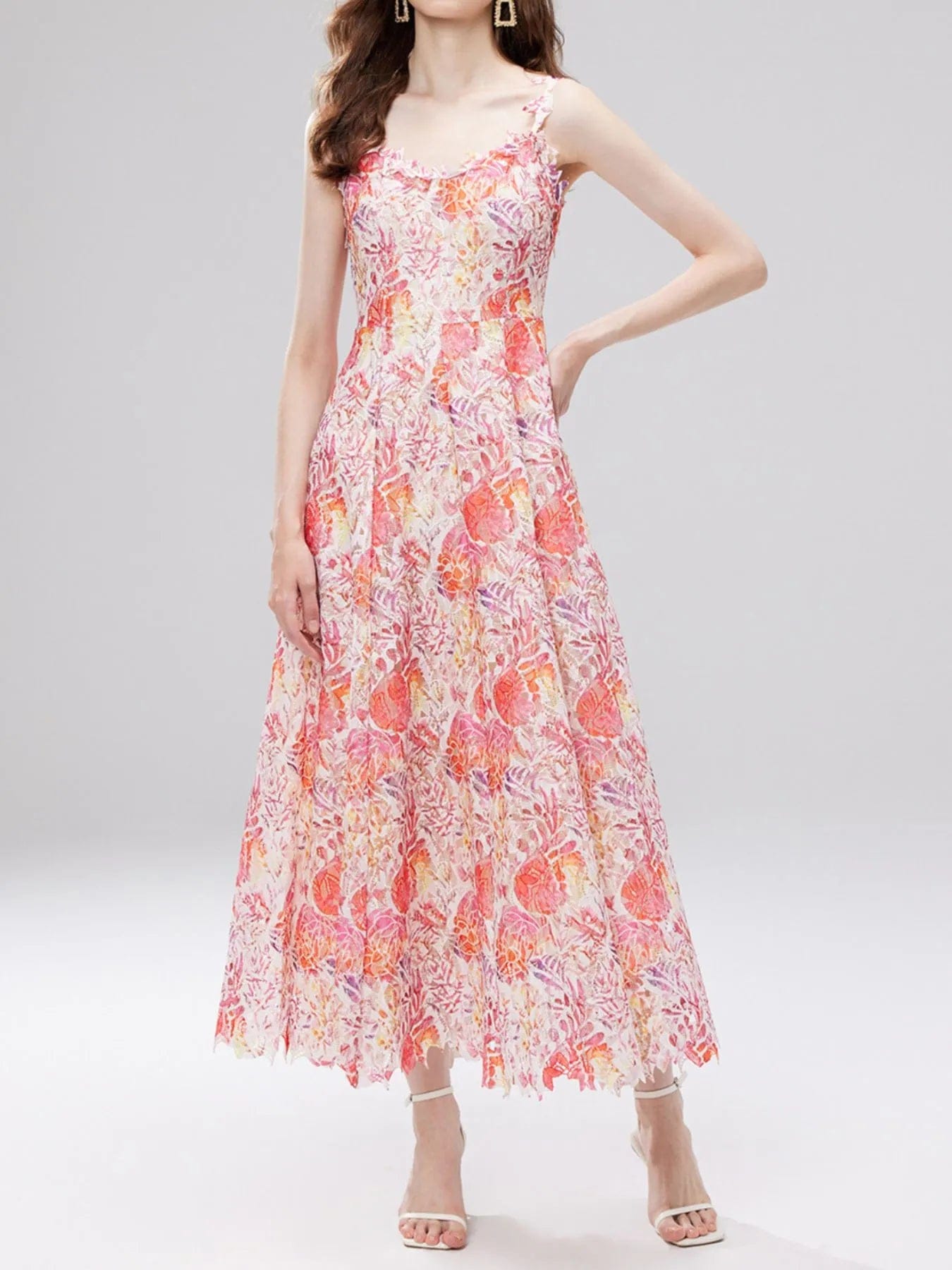 Ysoria Robe Midi Femme – Robe Fleurie en Dentelle à Col V Sans Manches Élégante