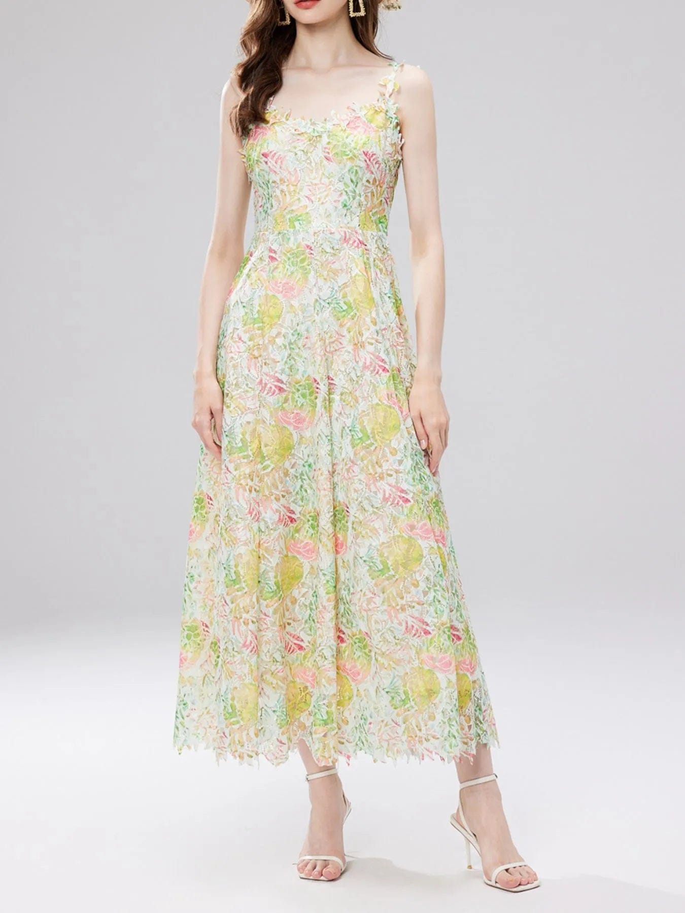 Ysoria Robe Midi Femme – Robe Fleurie en Dentelle à Col V Sans Manches Élégante