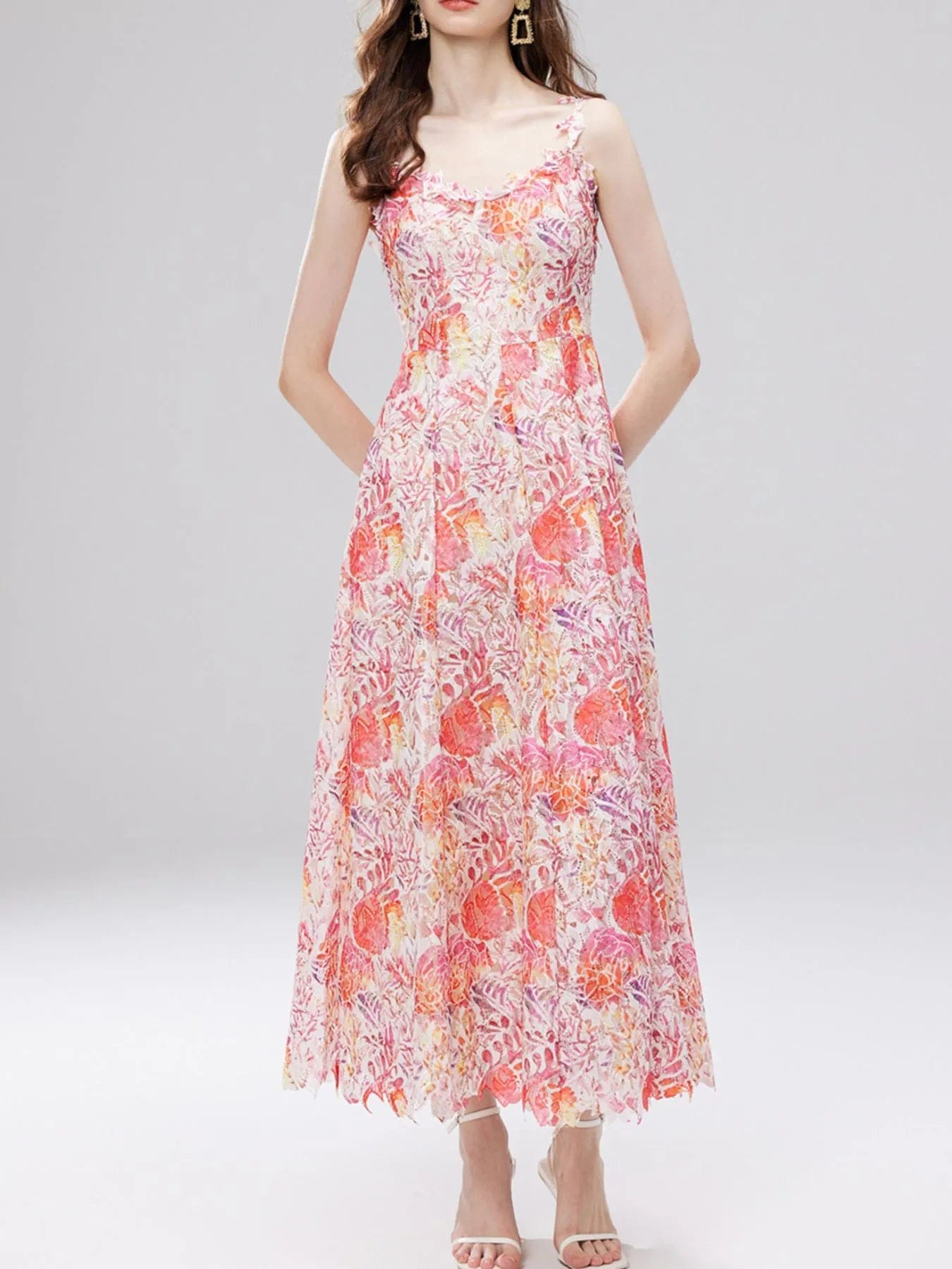 Ysoria Robe Midi Femme – Robe Fleurie en Dentelle à Col V Sans Manches Élégante