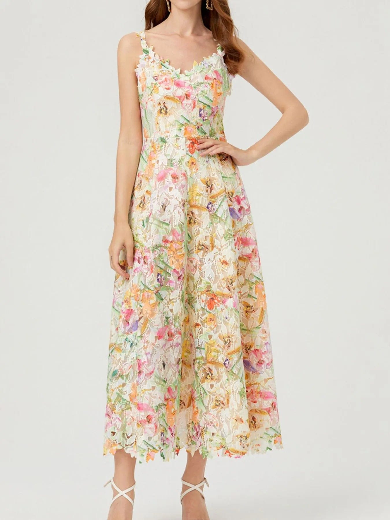 Ysoria Robe Midi Femme – Robe Fleurie en Dentelle à Col V Sans Manches Élégante