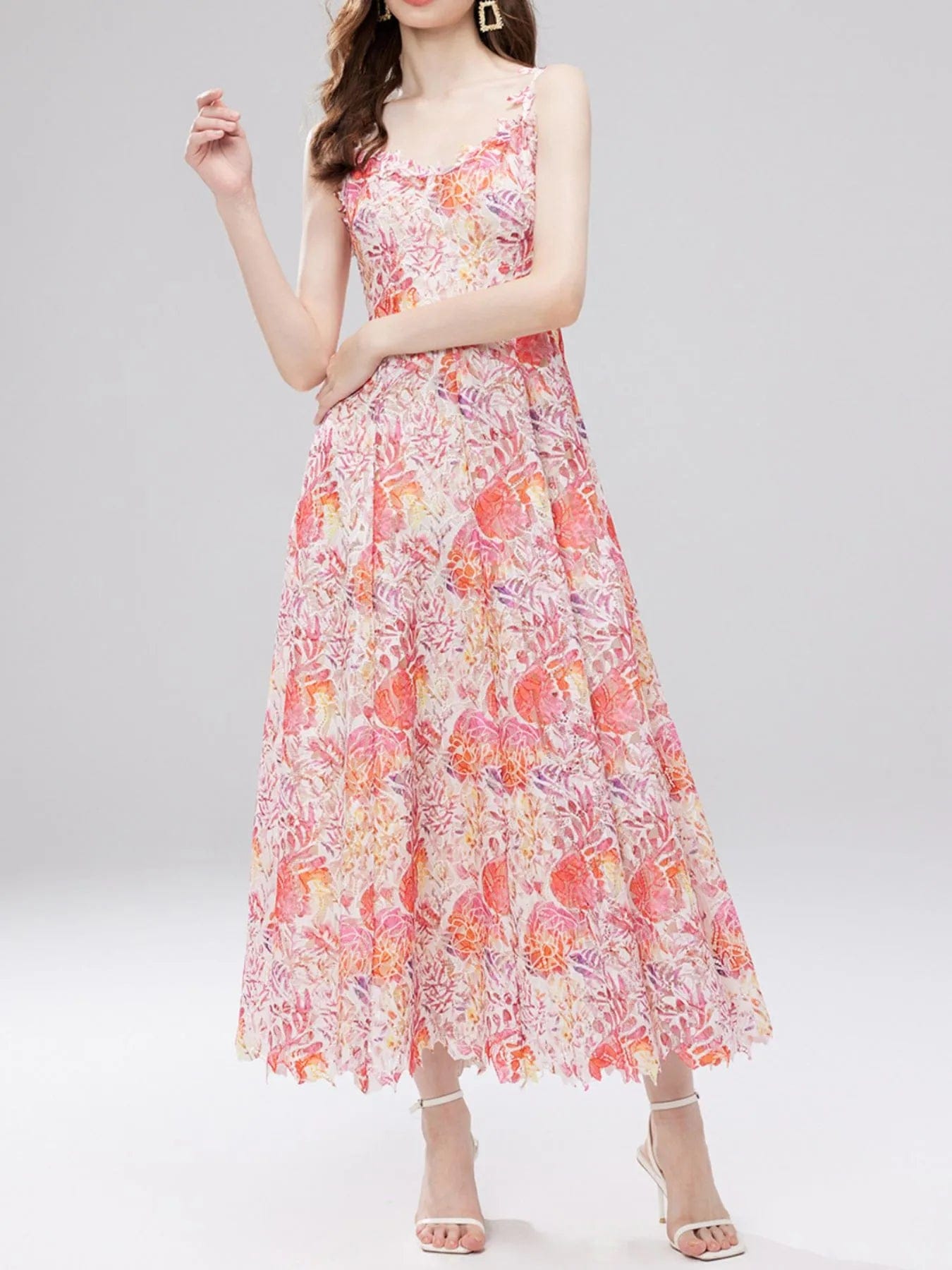 Ysoria Robe Midi Femme – Robe Fleurie en Dentelle à Col V Sans Manches Élégante