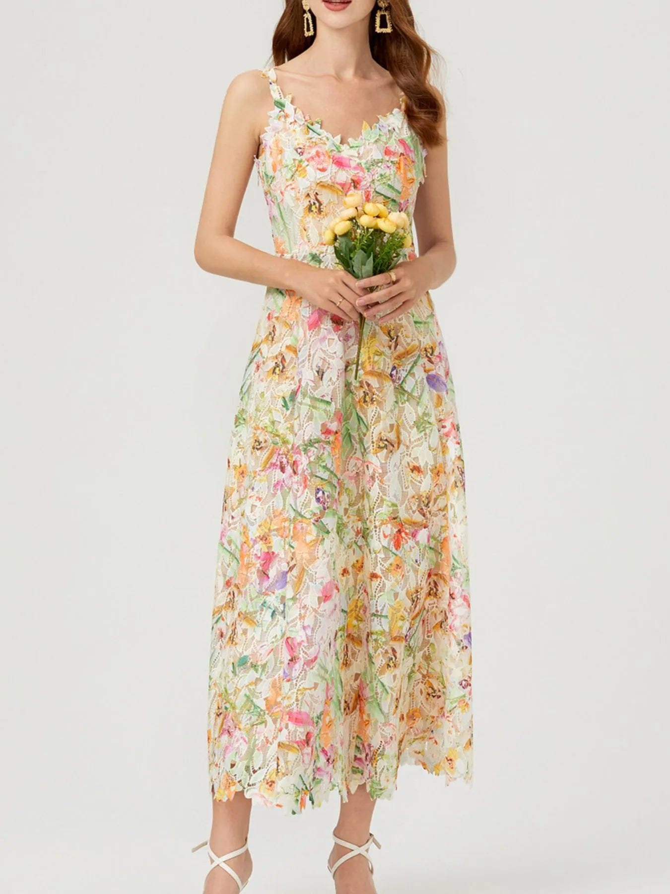 Ysoria Robe Midi Femme – Robe Fleurie en Dentelle à Col V Sans Manches Élégante