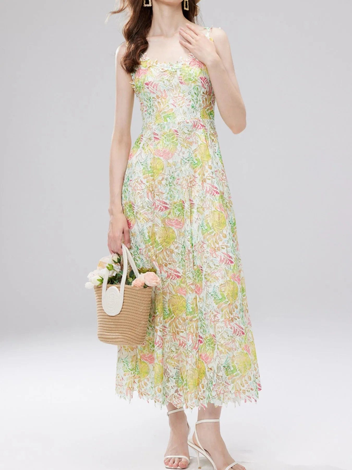 Ysoria Robe Midi Femme – Robe Fleurie en Dentelle à Col V Sans Manches Élégante