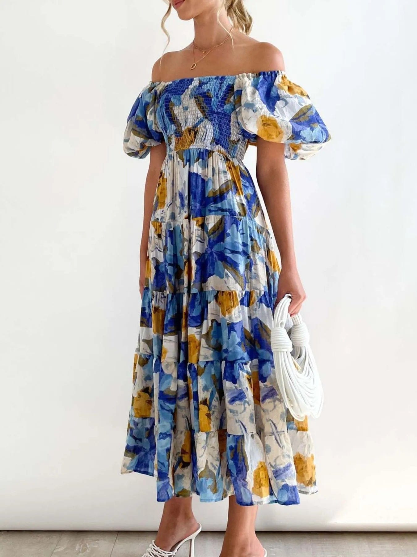 Azéliane Robe Midi Femme – Robe Fleurie à Épaules Dénudées avec Manches Bouffantes