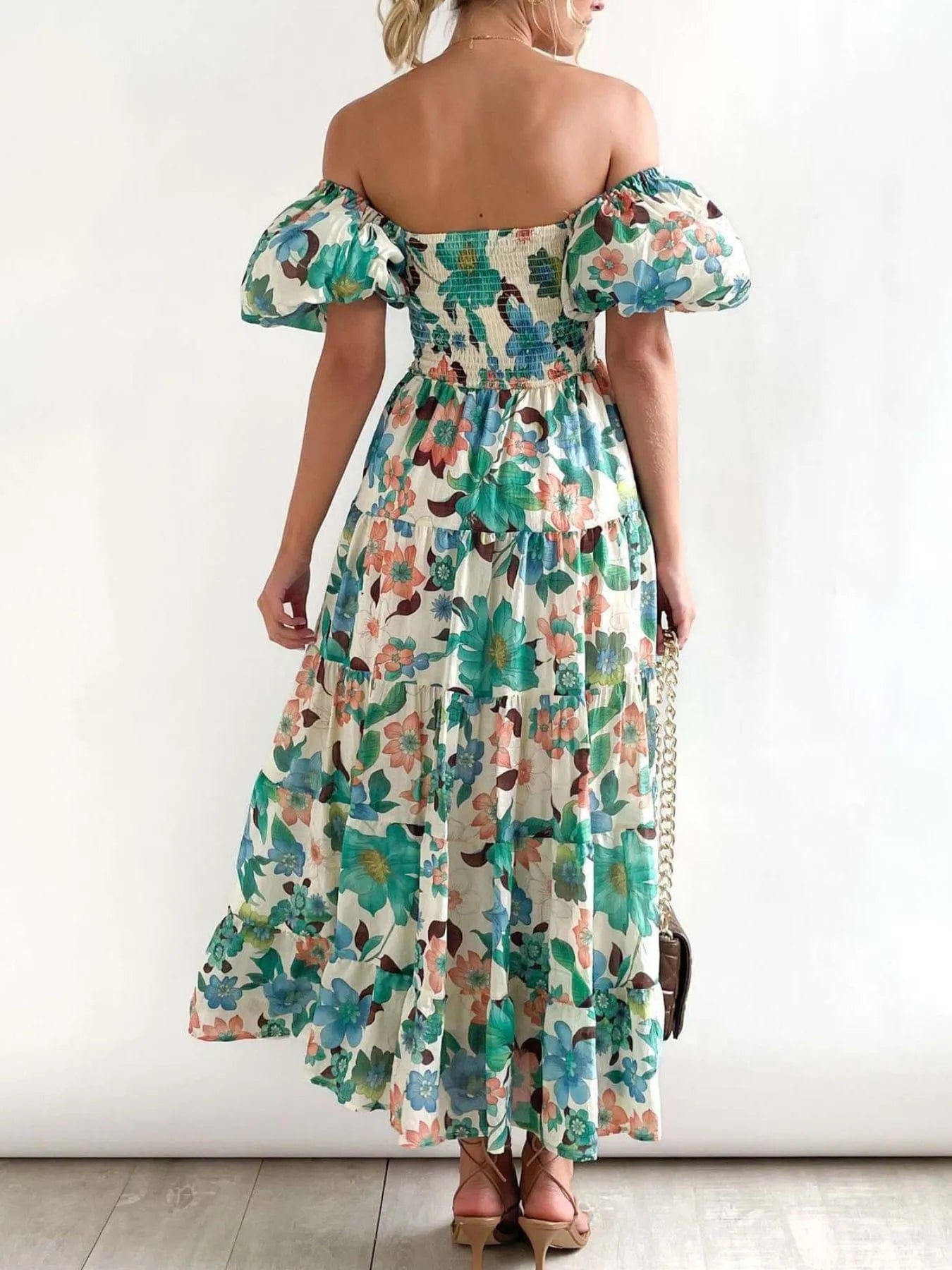 Azéliane Robe Midi Femme – Robe Fleurie à Épaules Dénudées avec Manches Bouffantes