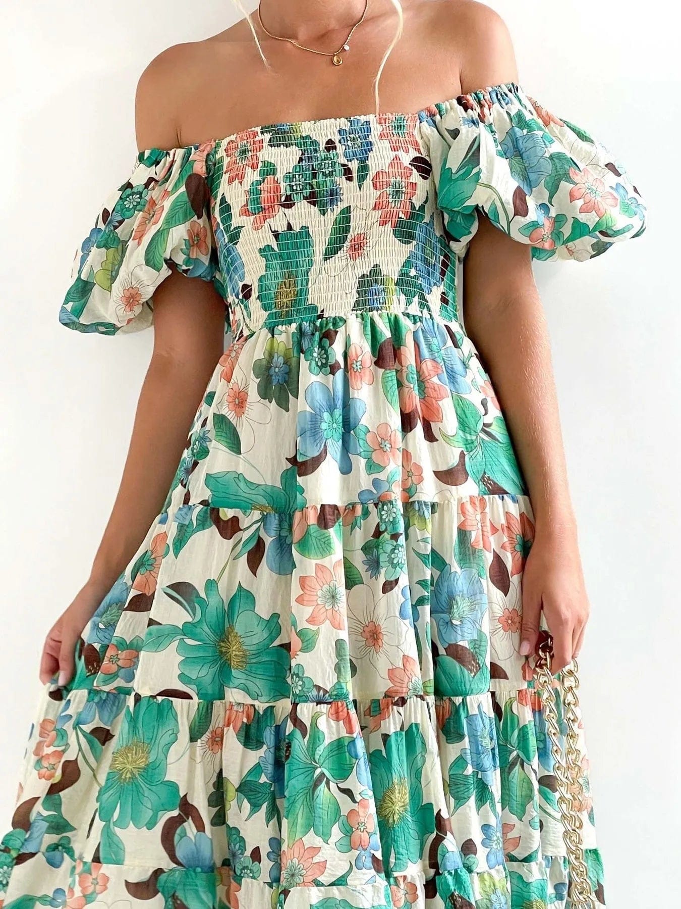 Azéliane Robe Midi Femme – Robe Fleurie à Épaules Dénudées avec Manches Bouffantes