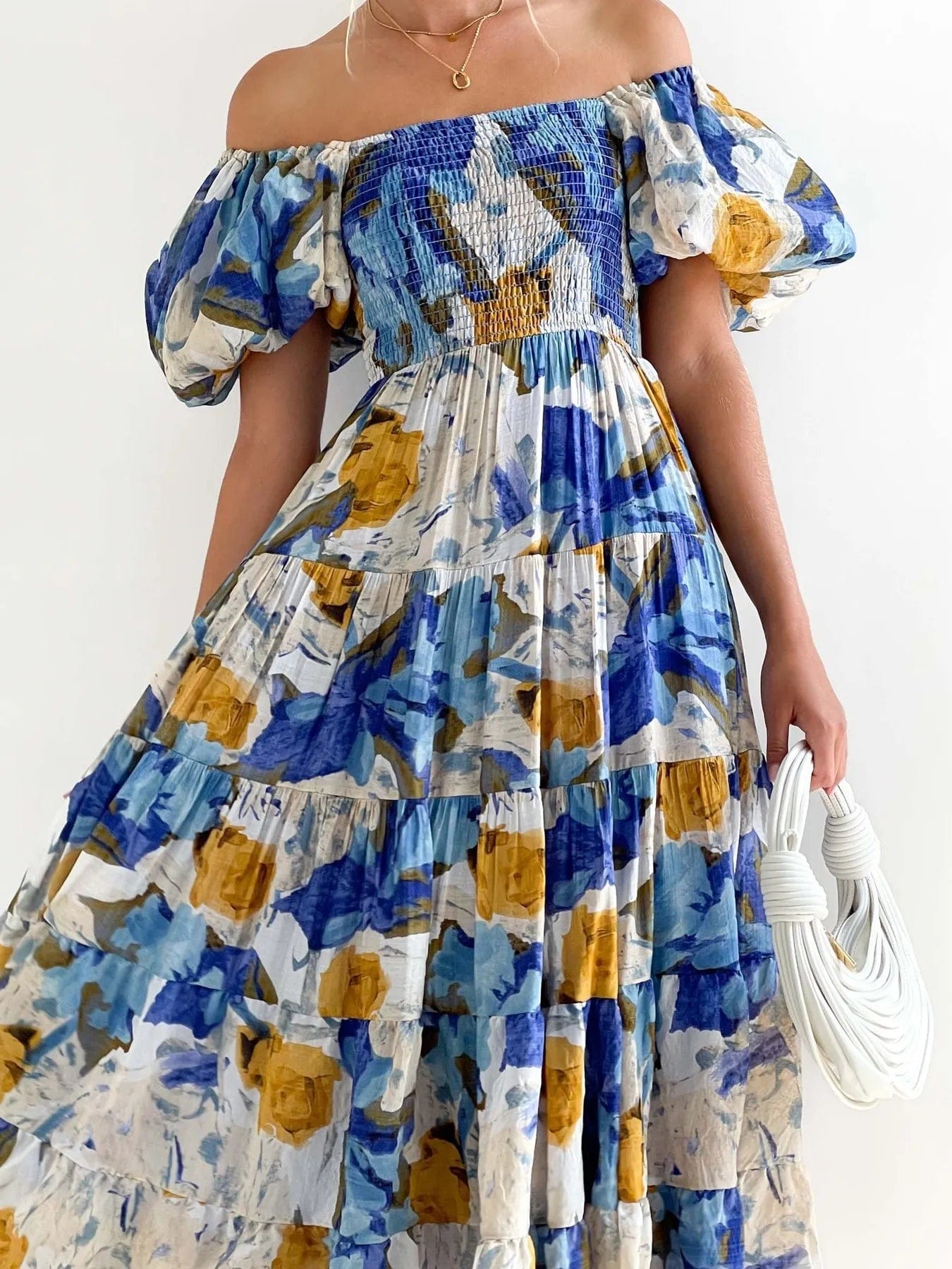 Azéliane Robe Midi Femme – Robe Fleurie à Épaules Dénudées avec Manches Bouffantes