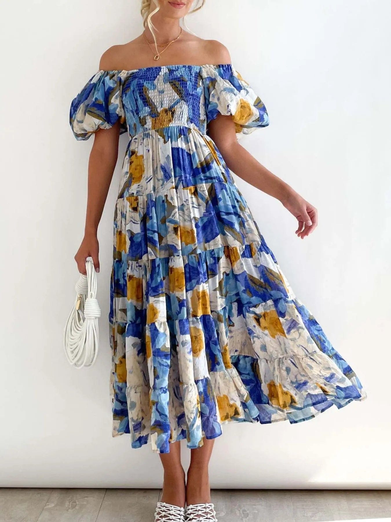 Azéliane Robe Midi Femme – Robe Fleurie à Épaules Dénudées avec Manches Bouffantes