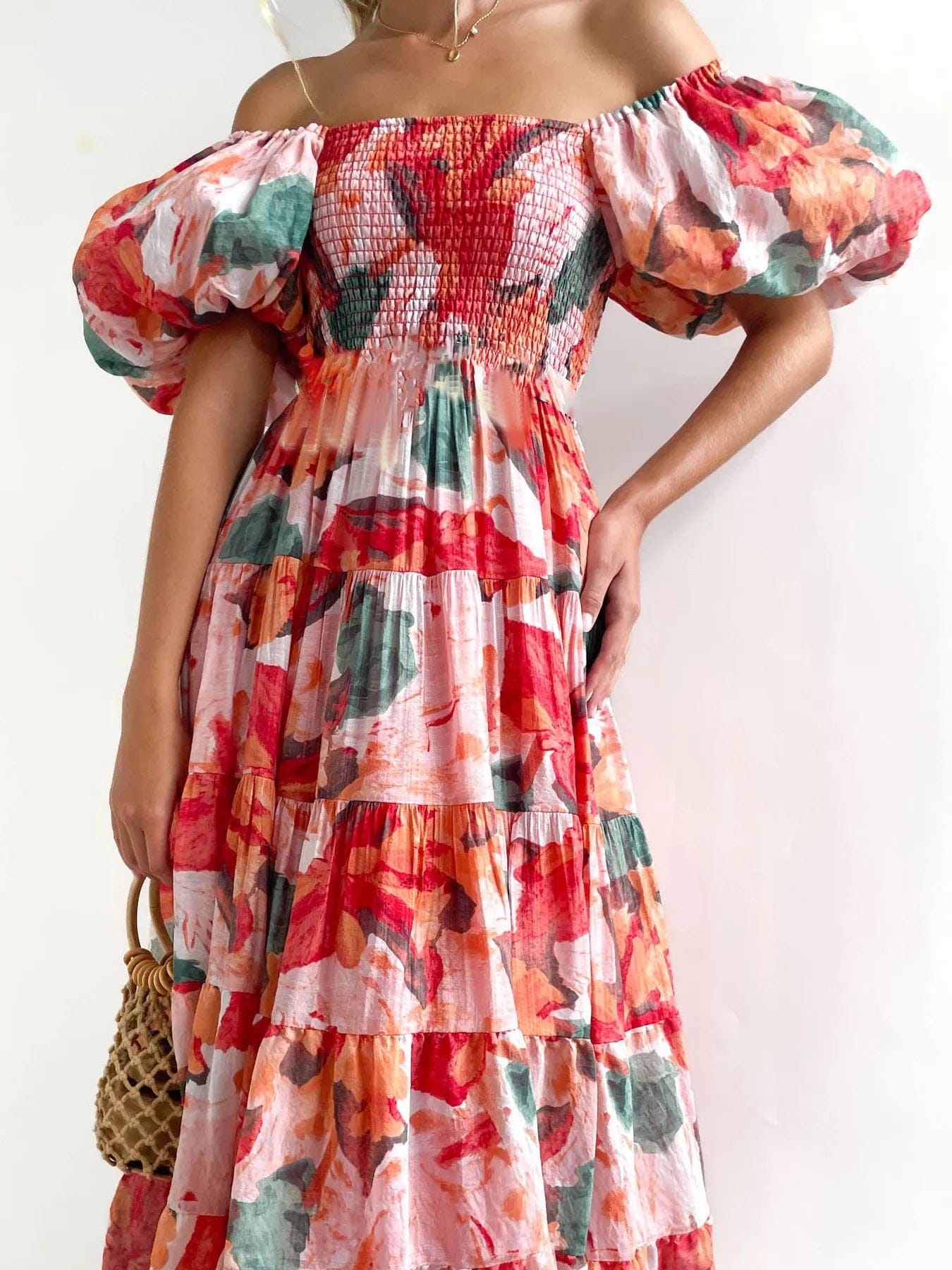 Azéliane Robe Midi Femme – Robe Fleurie à Épaules Dénudées avec Manches Bouffantes