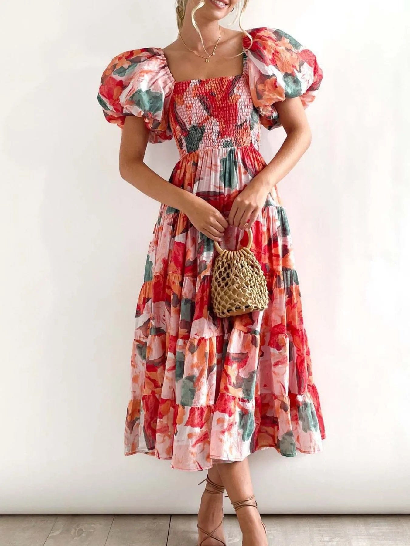 Azéliane Robe Midi Femme – Robe Fleurie à Épaules Dénudées avec Manches Bouffantes