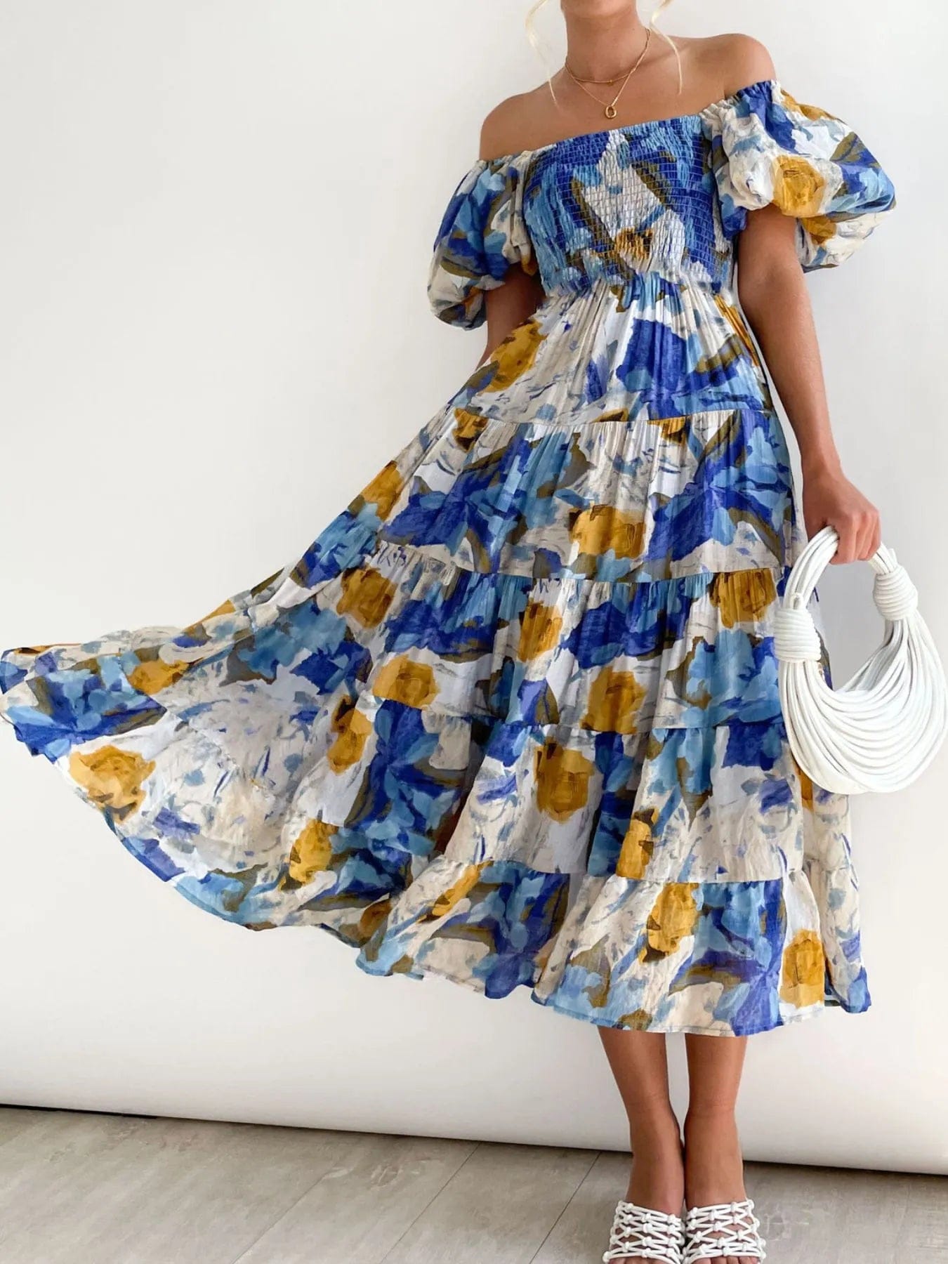 Azéliane Robe Midi Femme – Robe Fleurie à Épaules Dénudées avec Manches Bouffantes