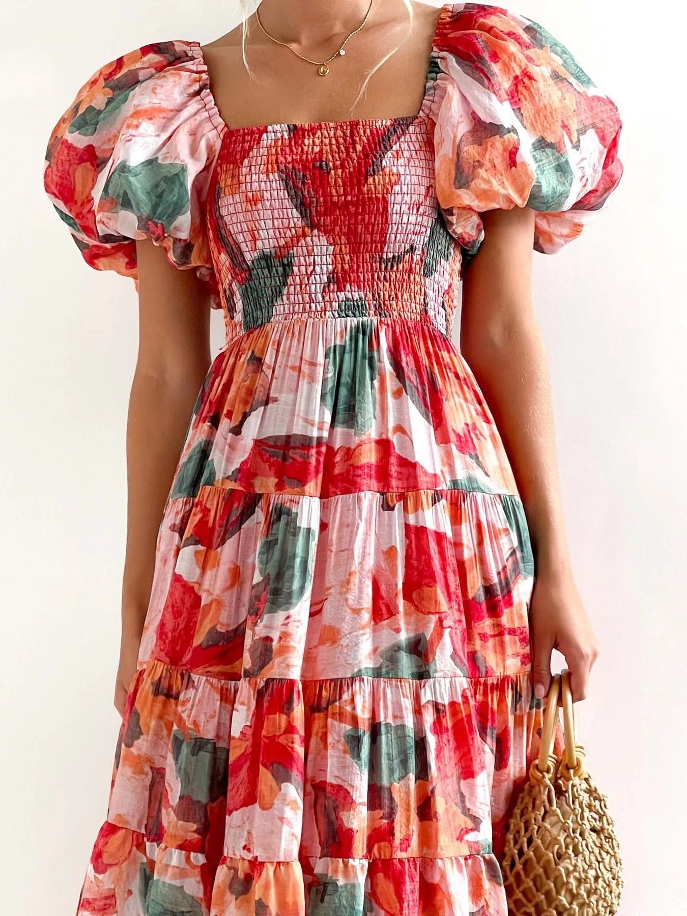 Azéliane Robe Midi Femme – Robe Fleurie à Épaules Dénudées avec Manches Bouffantes