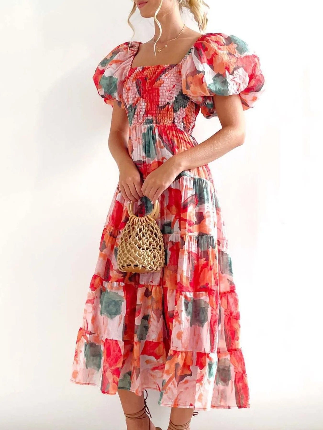 Azéliane Robe Midi Femme – Robe Fleurie à Épaules Dénudées avec Manches Bouffantes
