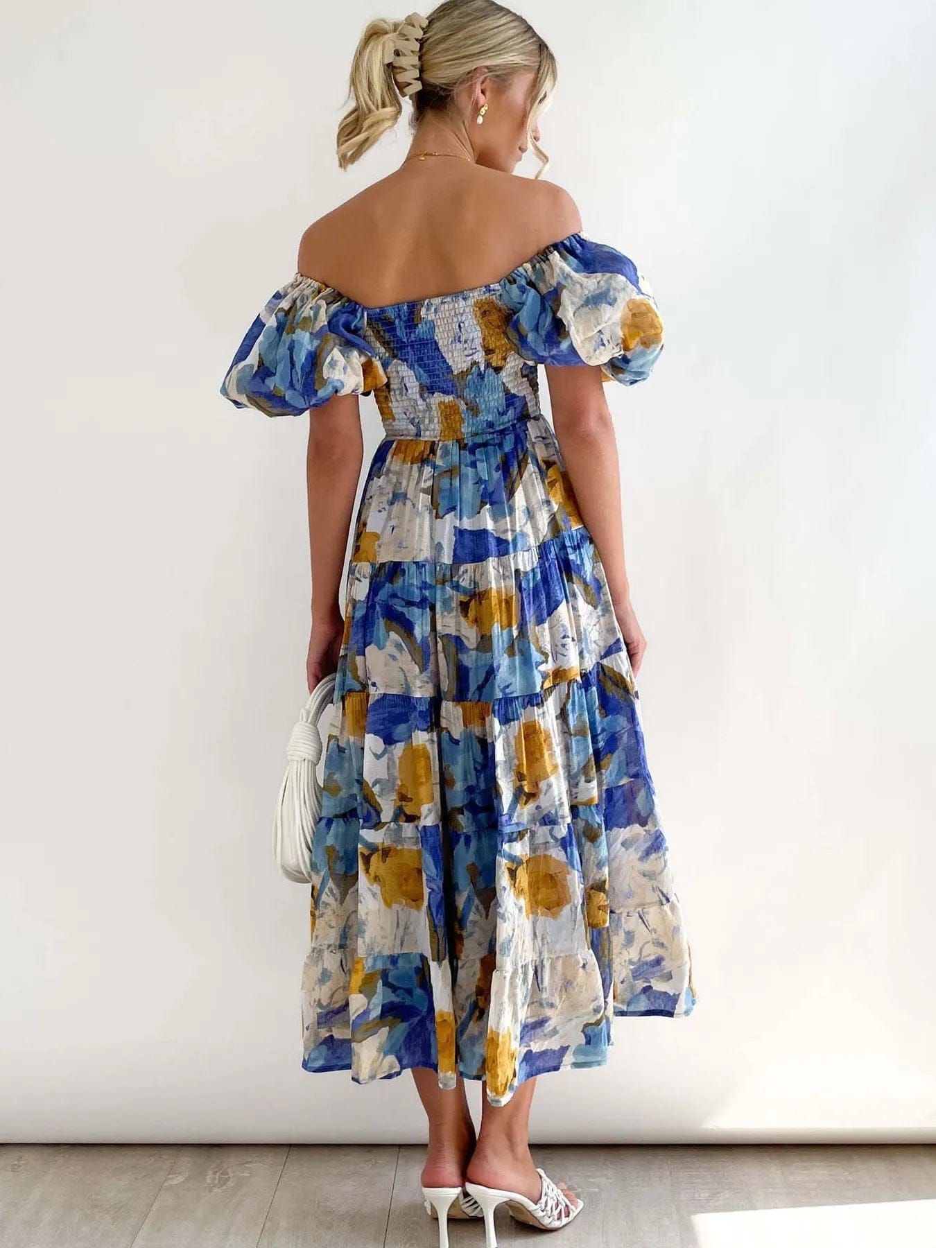 Azéliane Robe Midi Femme – Robe Fleurie à Épaules Dénudées avec Manches Bouffantes