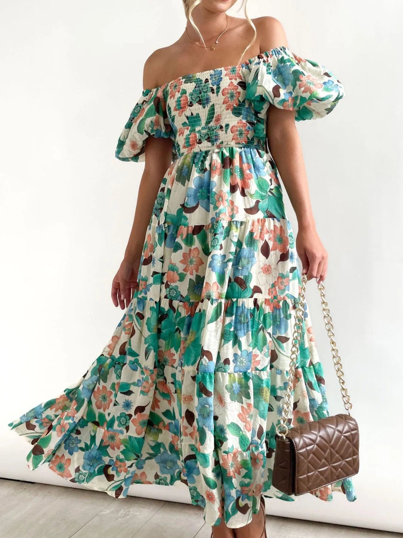 Azéliane Robe Midi Femme – Robe Fleurie à Épaules Dénudées avec Manches Bouffantes