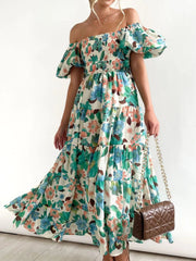 Azéliane Robe Midi Femme – Robe Fleurie à Épaules Dénudées avec Manches Bouffantes