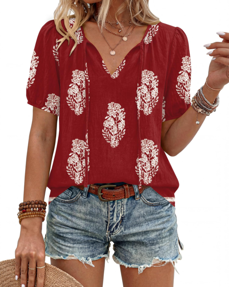 Kendra Boho-Bluse für Damen – V-Ausschnitt zum Binden, Puffärmel