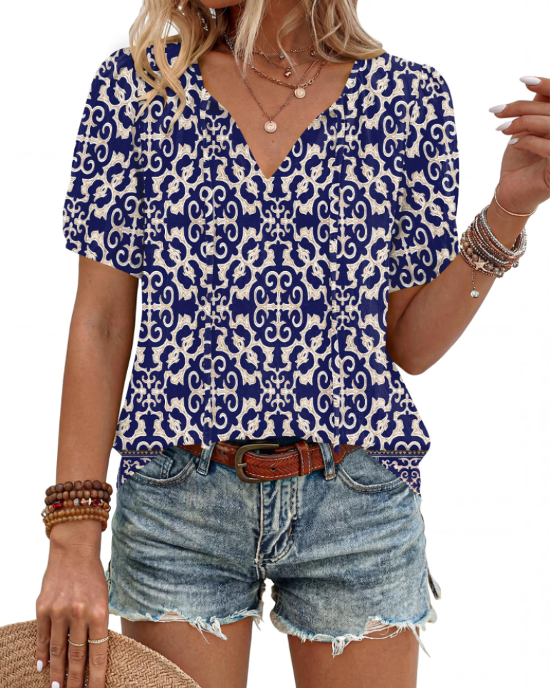 Kendra Boho-Bluse für Damen – V-Ausschnitt zum Binden, Puffärmel