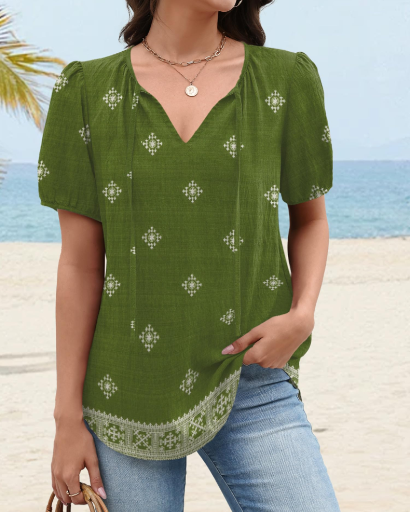 Kendra Boho-Bluse für Damen – V-Ausschnitt zum Binden, Puffärmel