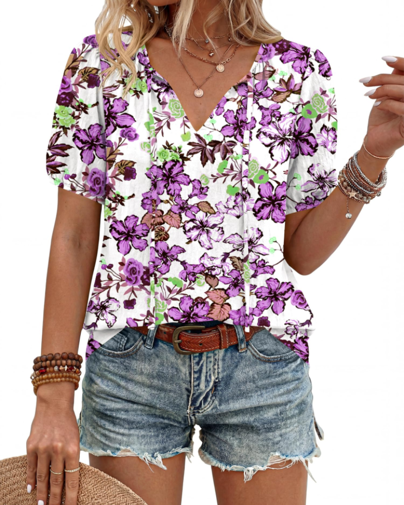 Kendra Boho-Bluse für Damen – V-Ausschnitt zum Binden, Puffärmel
