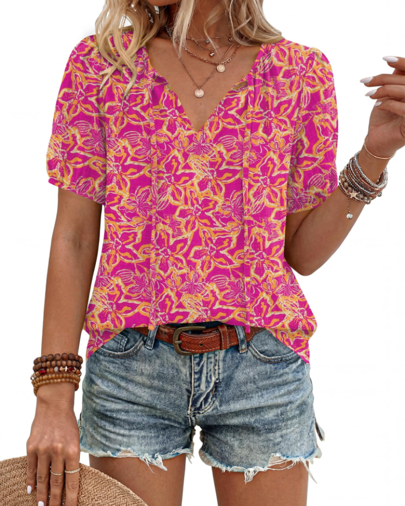 Kendra Boho-Bluse für Damen – V-Ausschnitt zum Binden, Puffärmel