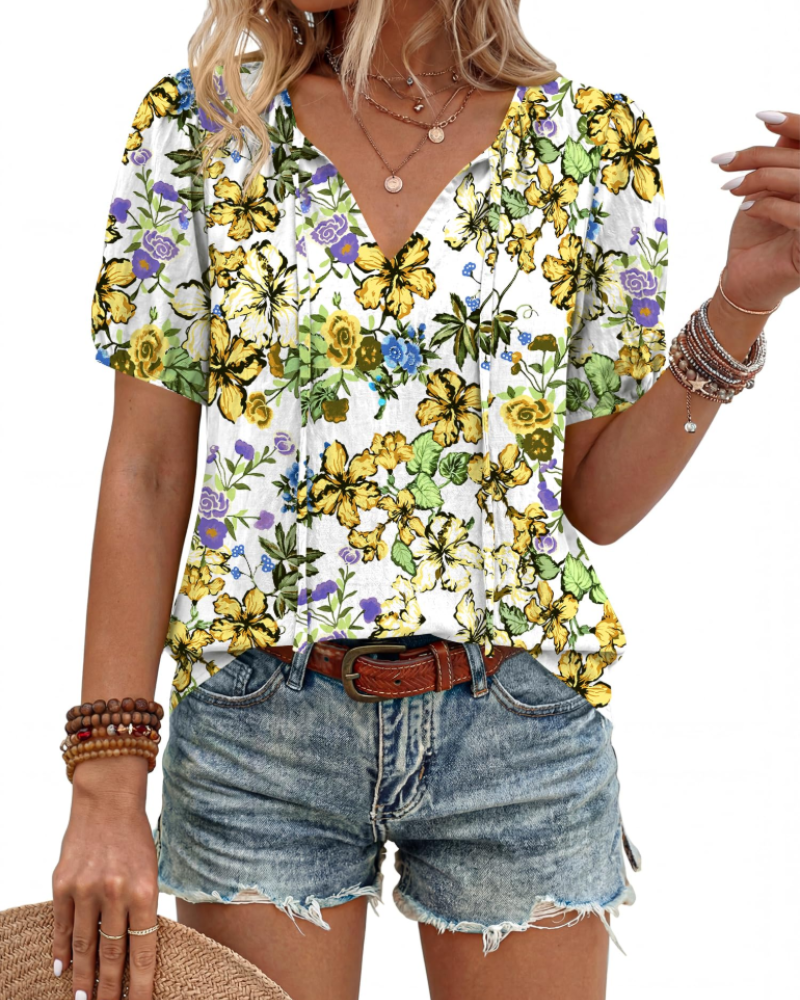 Kendra Boho-Bluse für Damen – V-Ausschnitt zum Binden, Puffärmel
