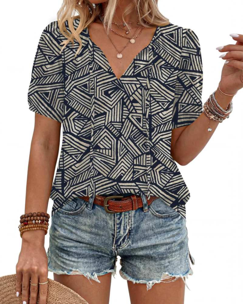 Kendra Boho-Bluse für Damen – V-Ausschnitt zum Binden, Puffärmel