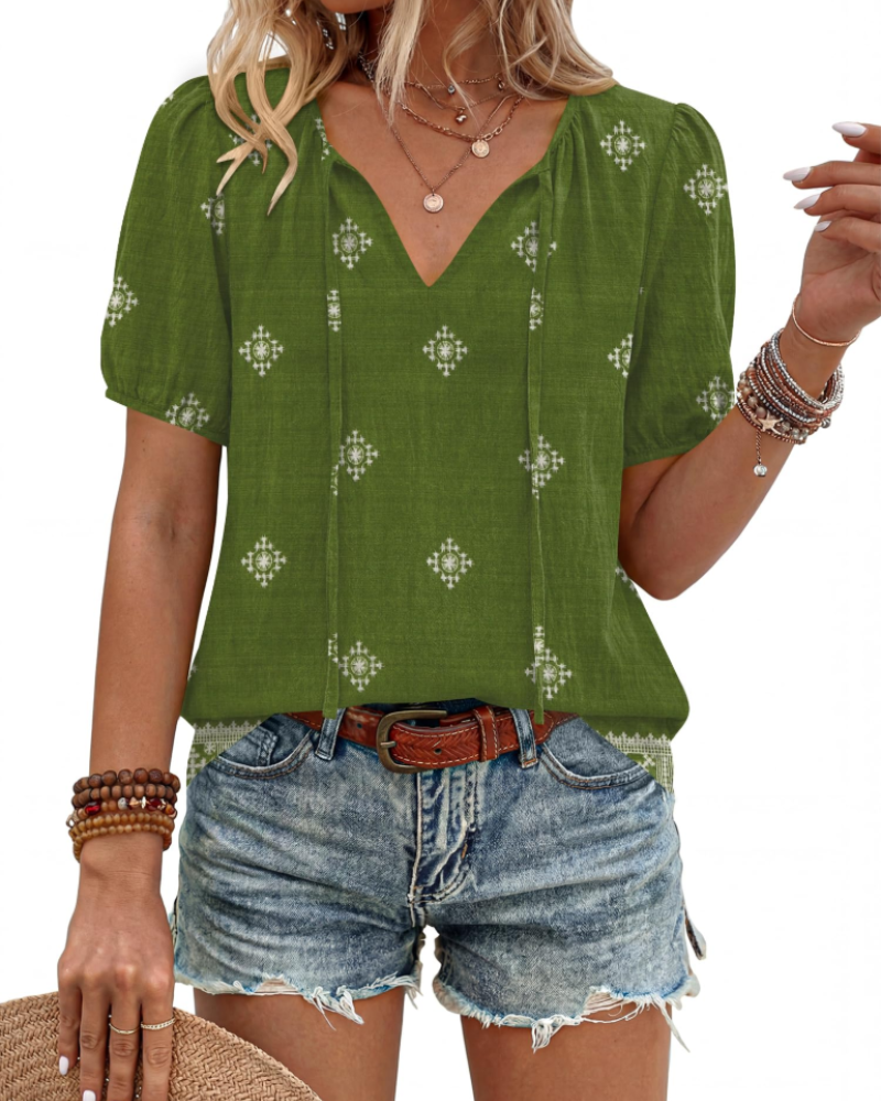 Kendra Boho-Bluse für Damen – V-Ausschnitt zum Binden, Puffärmel