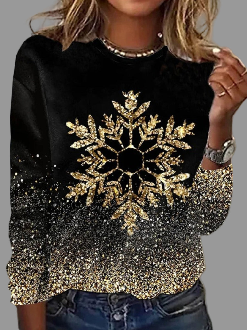 Jersey Trinity de Navidad para Mujer – Jersey Festivo de Punto con Copos Dorados Corte Holgado