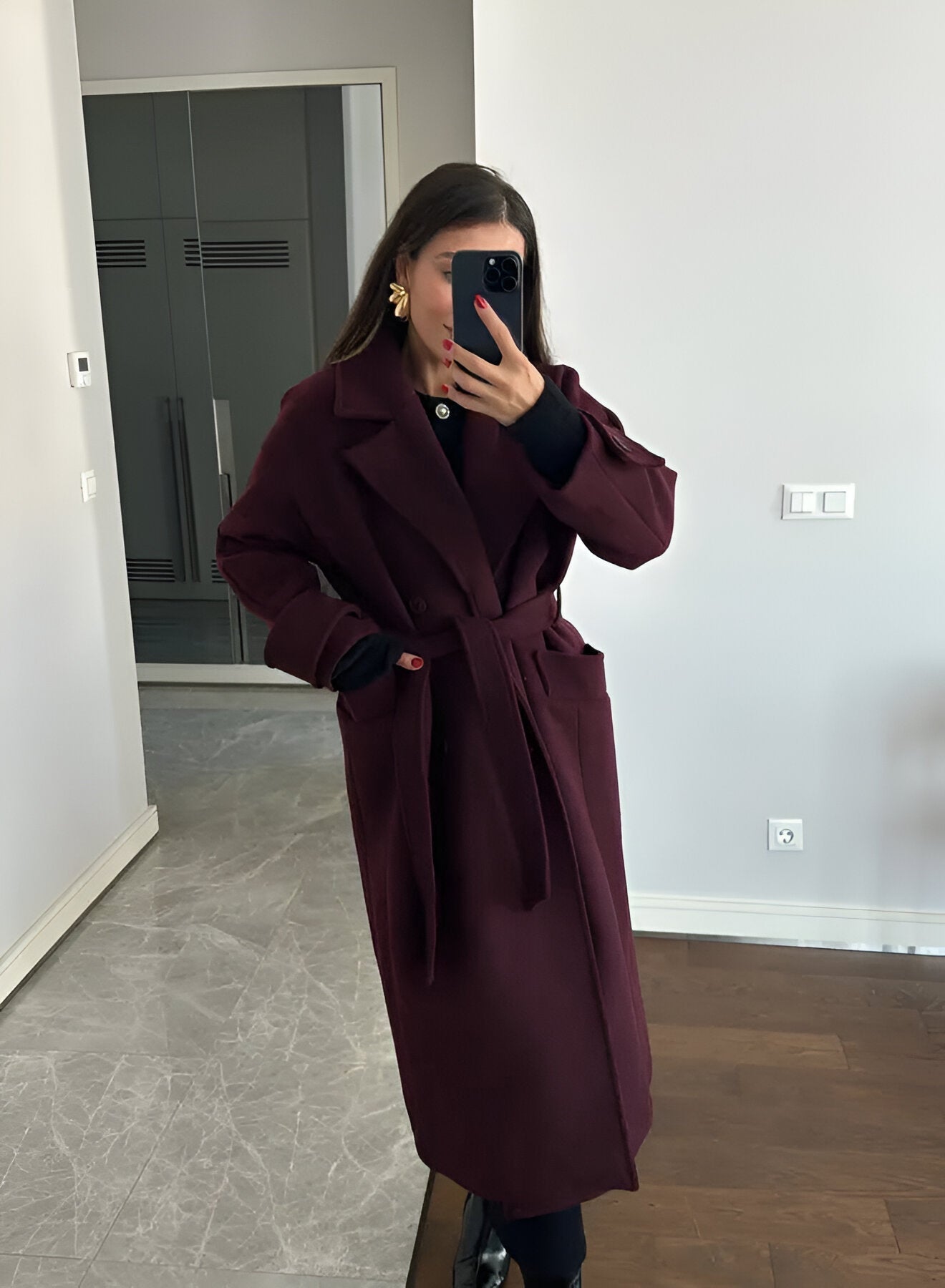 Victoria Dámsky Oversize Kabát – Kabát Zmiešaná Vlna Burgundská Elegantný Strih