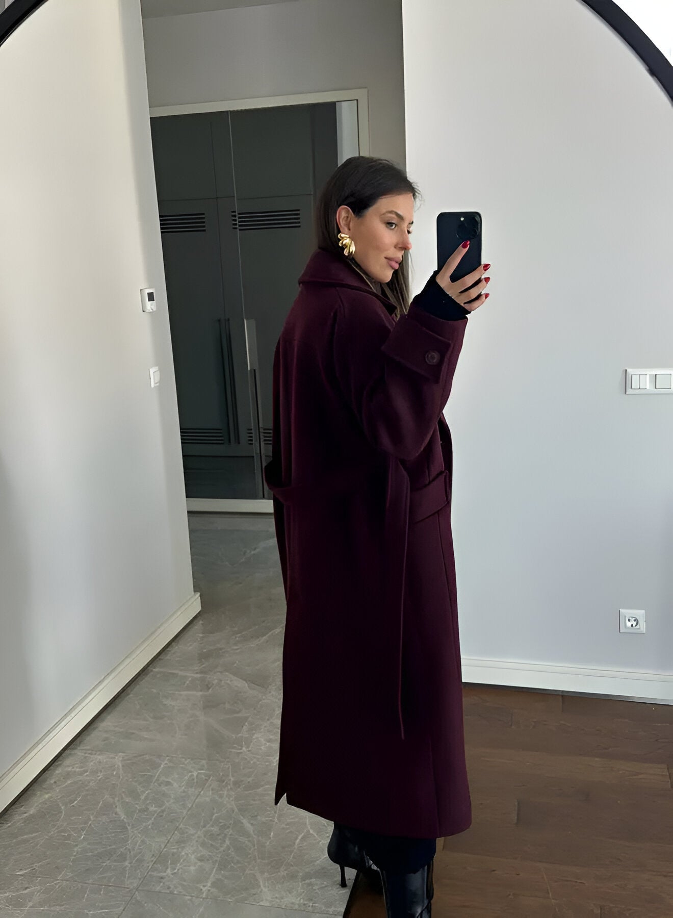 Victoria Dámsky Oversize Kabát – Kabát Zmiešaná Vlna Burgundská Elegantný Strih