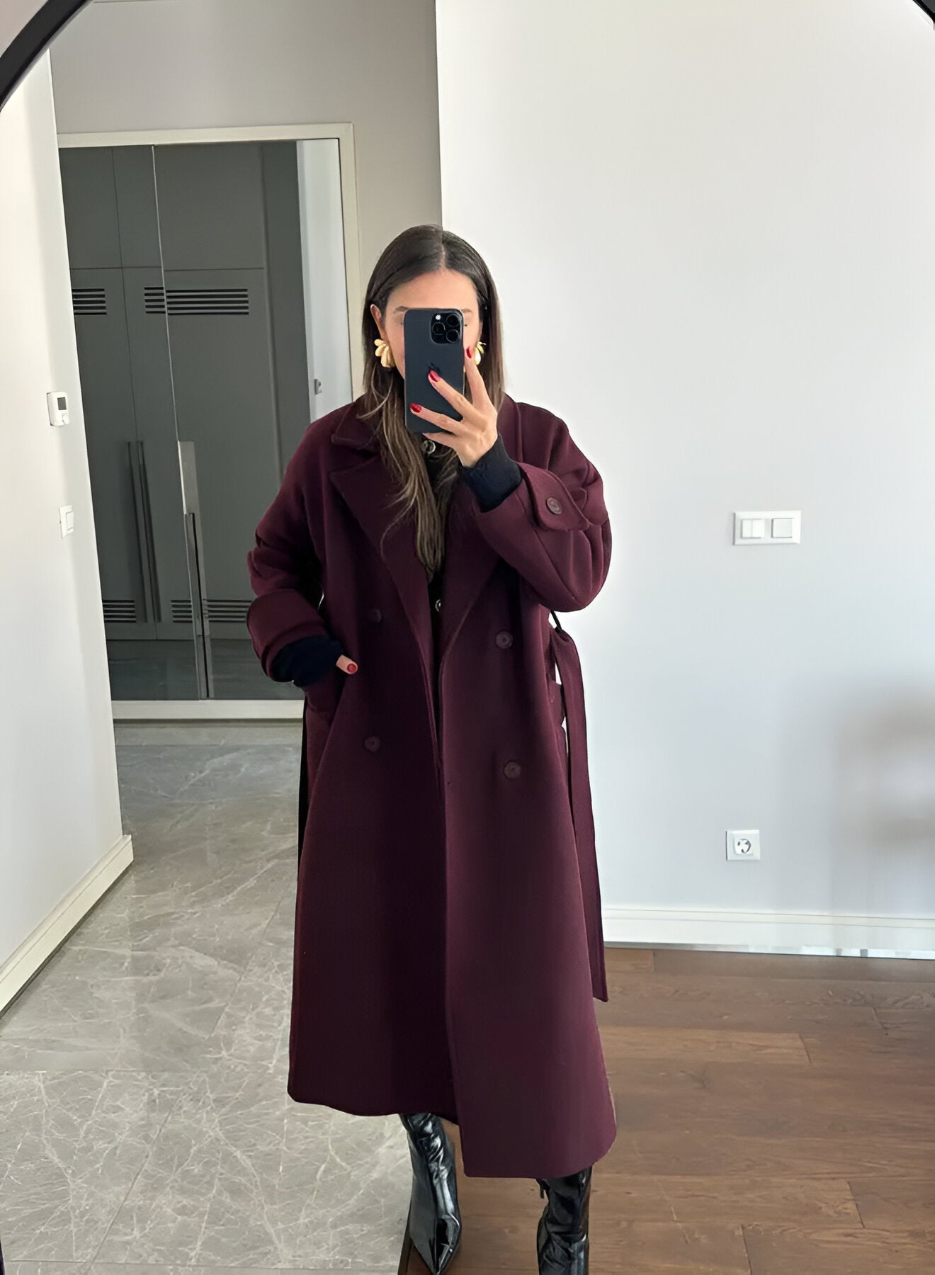 Victoria Dámsky Oversize Kabát – Kabát Zmiešaná Vlna Burgundská Elegantný Strih
