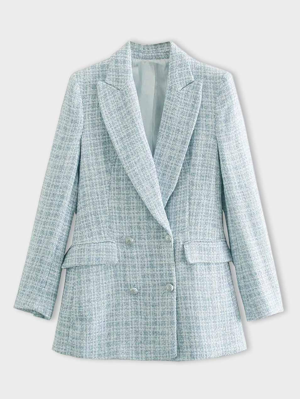 Charlotte Blazer Femme en Tweed – Elegant Light Blue Jacket with Double Button Design