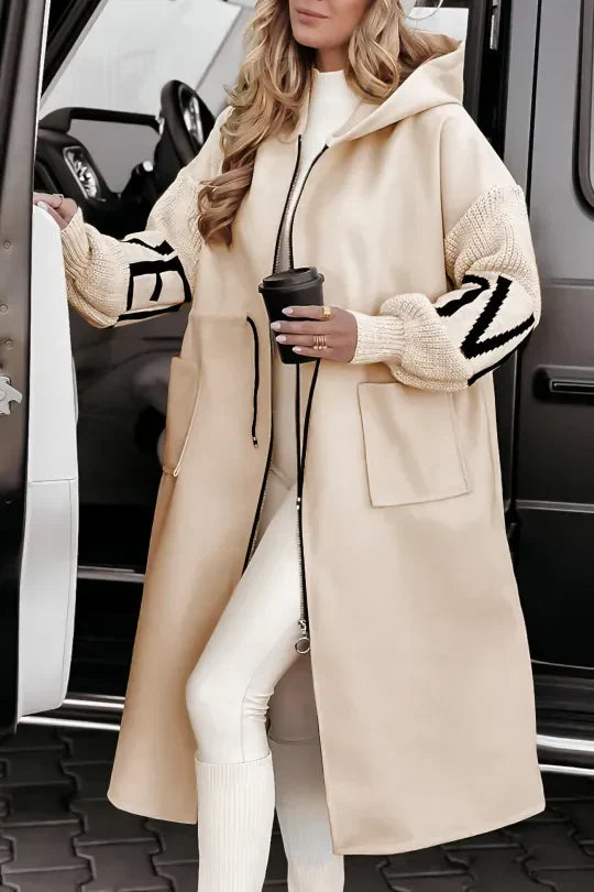 Ava Women's Patchwork Jacket – Fitted Water-Repellent Coat with Hood & Knitted Sleeves