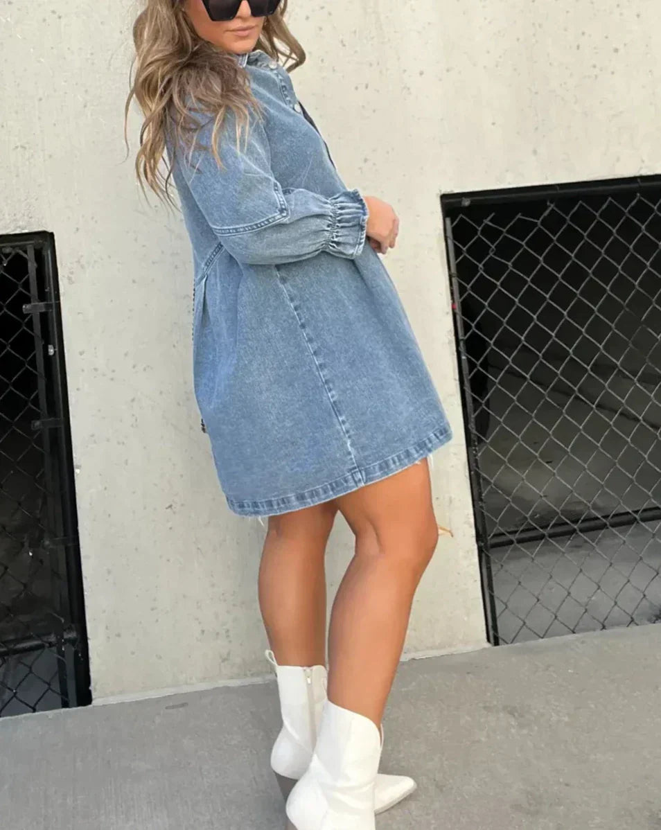 Namy Jeanskleid für Damen – Hemdkleid mit Kragen, 3/4-Ärmeln und ausgestelltem Schnitt