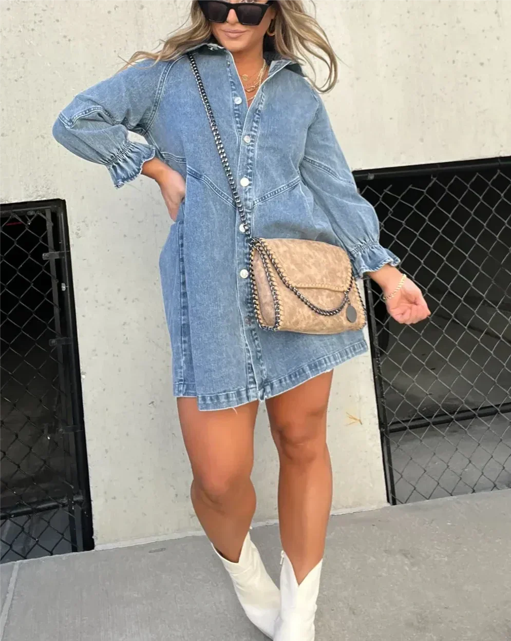 Namy Jeanskleid für Damen – Hemdkleid mit Kragen, 3/4-Ärmeln und ausgestelltem Schnitt