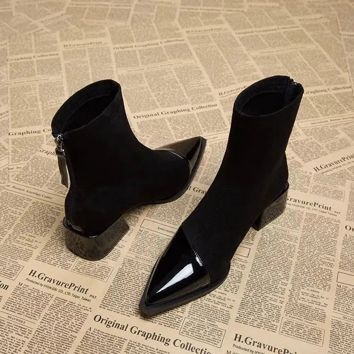 Gracia Damen-Stiefeletten – Elegante Wildleder-Boots mit Lackdetails und bequemem Blockabsatz