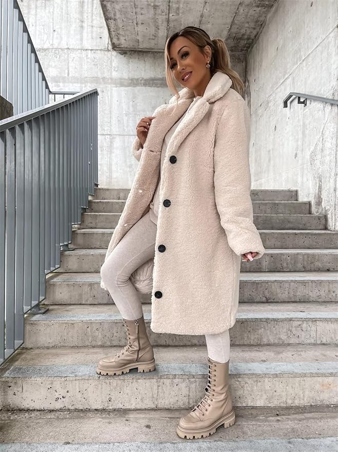 Ellen Manteau Teddy Dlhý Dámsky – Teplá Béžová Bunda s Elegantným Strihom a Mäkkým Komfortom