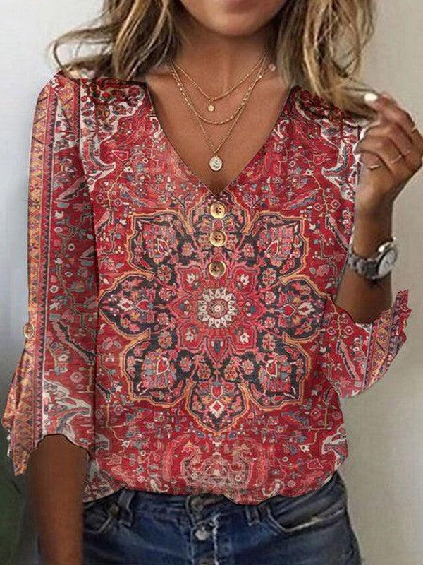 Brianna blúzka Bohème Femme – červená rubínová blúzka s orientálnym vzorom a autentickým boho štýlom
